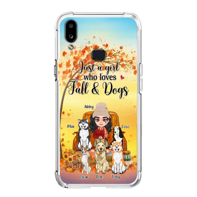 Custom Personalized Dog Mom Fall Season Phone Case - Autumn Gift Idea For Dog Owners - Upto 5 Dogs -  Case For iPhone/Samsung - Just A Girl Who Loves Fall & Dogs