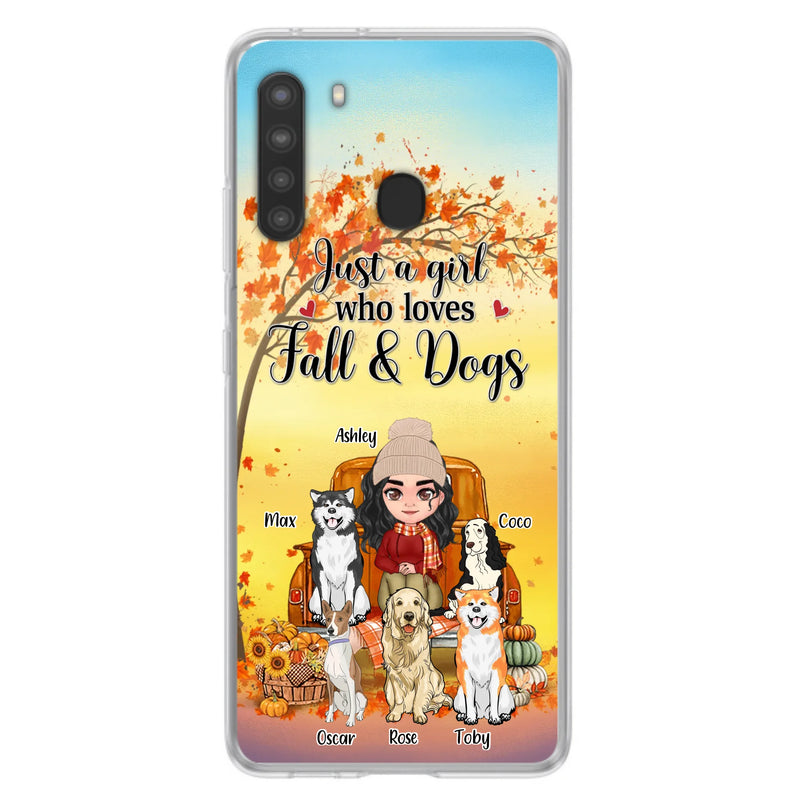 Custom Personalized Dog Mom Fall Season Phone Case - Autumn Gift Idea For Dog Owners - Upto 5 Dogs -  Case For iPhone/Samsung - Just A Girl Who Loves Fall & Dogs