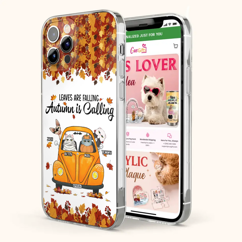 Custom Personalized Pet Phone Case - Gift Idea For Cat/Dog Lovers - Upto 4 Pets -  Case For iPhone/Samsung - Leaves Are Falling Autumn Is Calling