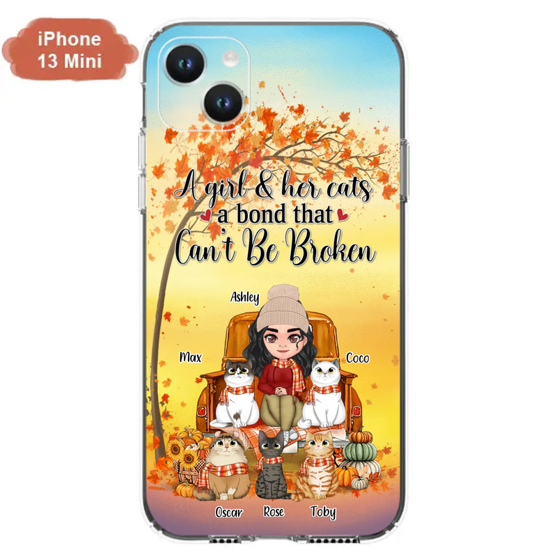 Custom Personalized Cat Mom Fall Season Phone Case - Gift Idea For Cat Owners - Upto 5 Cats -  Case For iPhone/Samsung - A Girl & Her Cats A Bond That Can't Be Broken