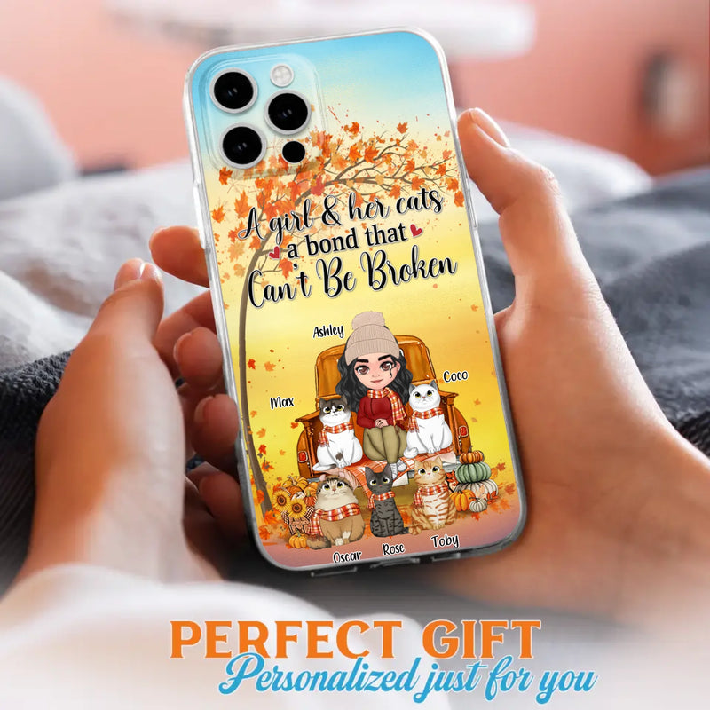 Custom Personalized Cat Mom Fall Season Phone Case - Gift Idea For Cat Owners - Upto 5 Cats -  Case For iPhone/Samsung - A Girl & Her Cats A Bond That Can't Be Broken