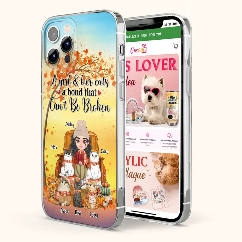 Custom Personalized Cat Mom Fall Season Phone Case - Gift Idea For Cat Owners - Upto 5 Cats -  Case For iPhone/Samsung - A Girl & Her Cats A Bond That Can't Be Broken