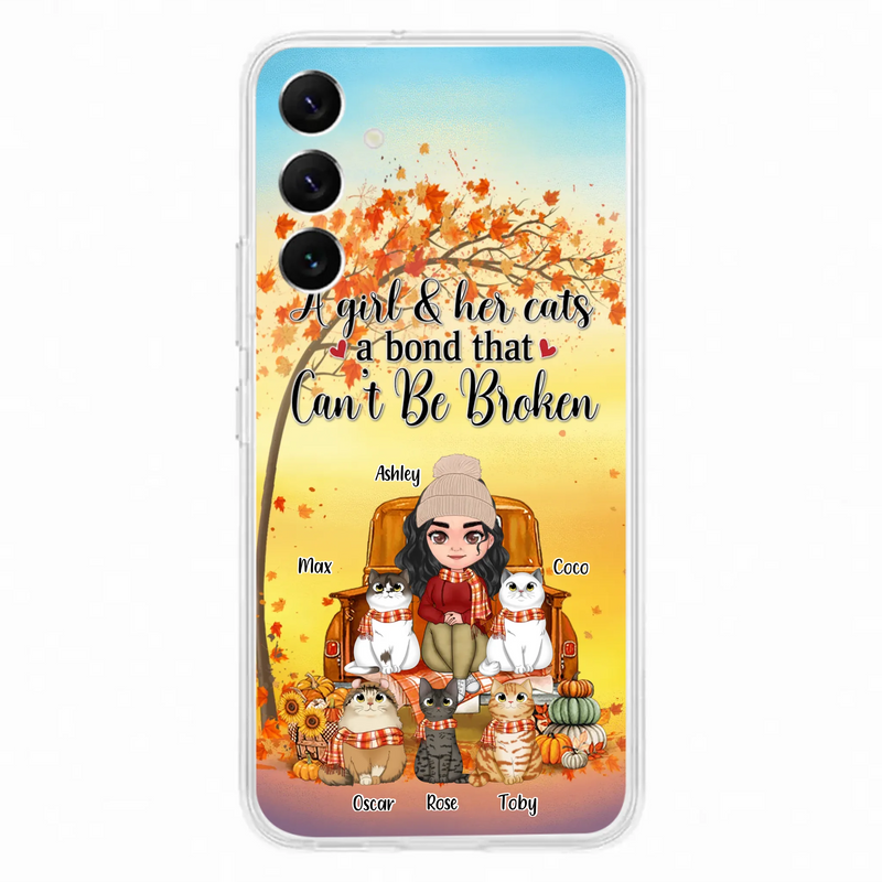 Custom Personalized Cat Mom Fall Season Phone Case - Gift Idea For Cat Owners - Upto 5 Cats -  Case For iPhone/Samsung - A Girl & Her Cats A Bond That Can't Be Broken