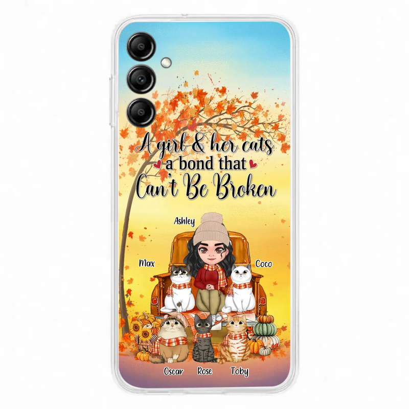 Custom Personalized Cat Mom Fall Season Phone Case - Gift Idea For Cat Owners - Upto 5 Cats -  Case For iPhone/Samsung - A Girl & Her Cats A Bond That Can't Be Broken