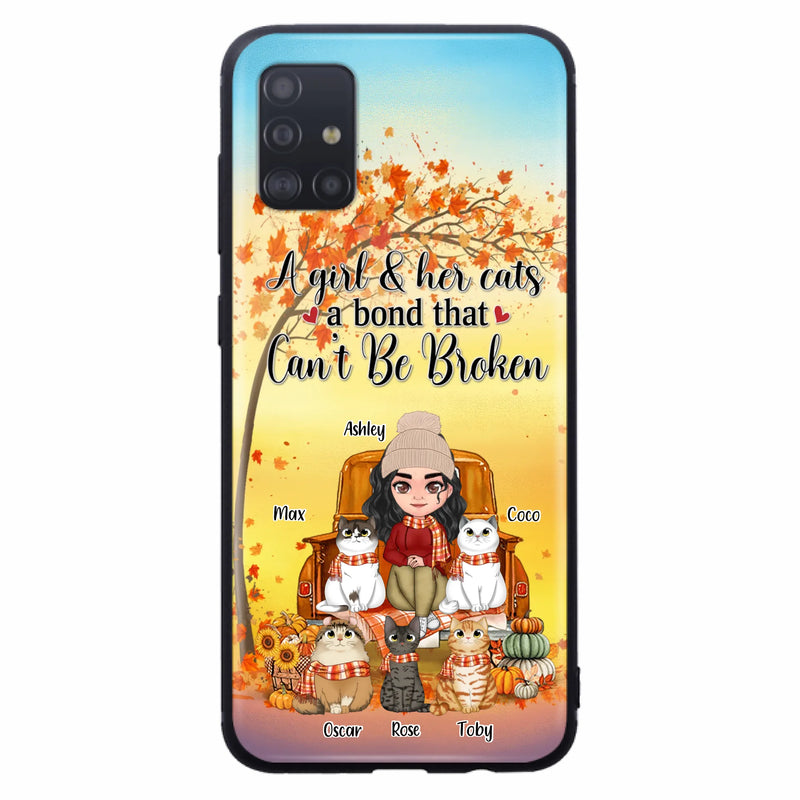 Custom Personalized Cat Mom Fall Season Phone Case - Gift Idea For Cat Owners - Upto 5 Cats -  Case For iPhone/Samsung - A Girl & Her Cats A Bond That Can't Be Broken