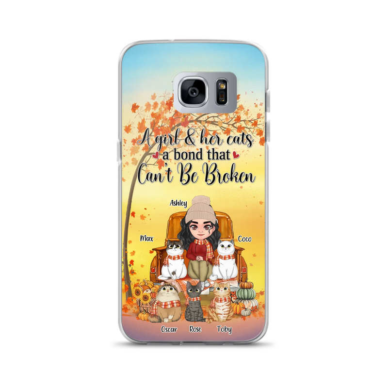 Custom Personalized Cat Mom Fall Season Phone Case - Gift Idea For Cat Owners - Upto 5 Cats -  Case For iPhone/Samsung - A Girl & Her Cats A Bond That Can't Be Broken