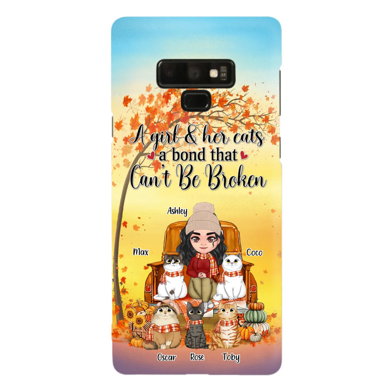 Custom Personalized Cat Mom Fall Season Phone Case - Gift Idea For Cat Owners - Upto 5 Cats -  Case For iPhone/Samsung - A Girl & Her Cats A Bond That Can't Be Broken