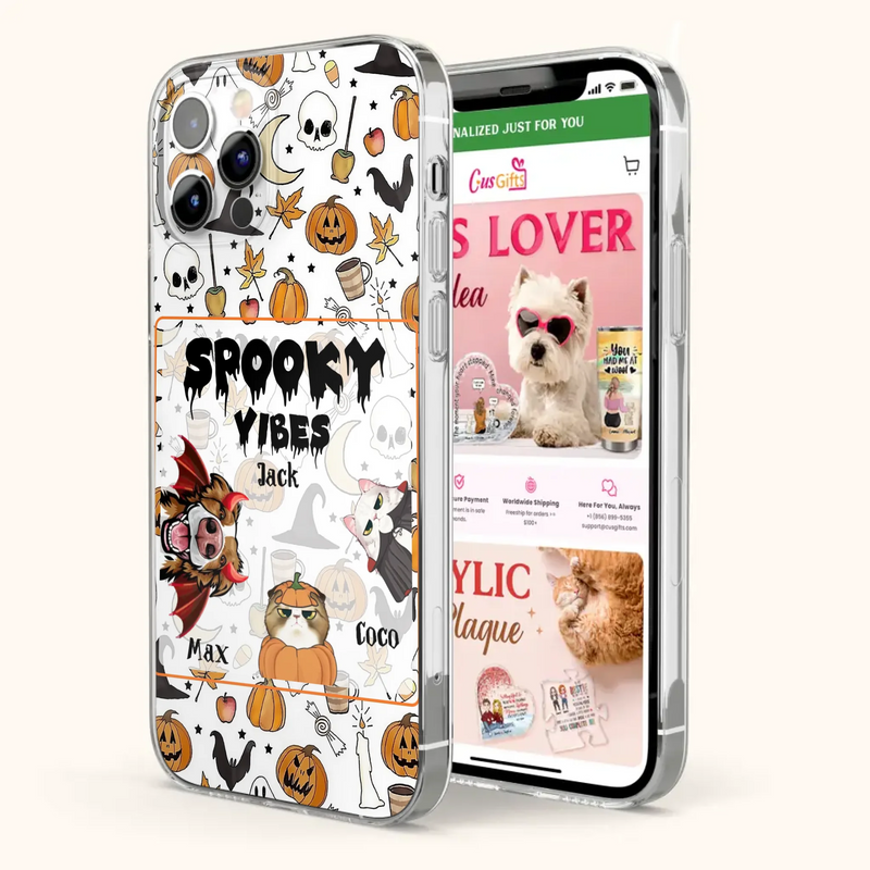 Custom Personalized Halloween Pet Phone Case - Upto 3 Pets - Gift Idea For Dog/Cat Owners -  Spooky Vibes - Case for iPhone/Samsung
