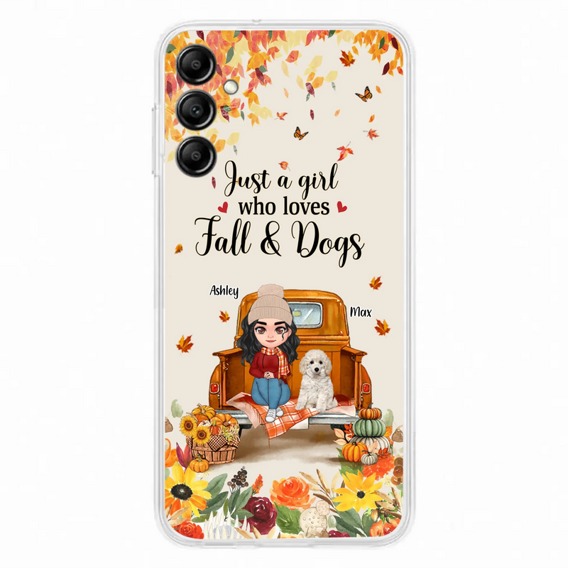 Custom Personalized Dog Mom Autumn Phone Case - Gift Idea For Dog Owners - Upto 5 Dogs -  Case For iPhone/Samsung - Just A Girl Who Loves Fall & Dogs