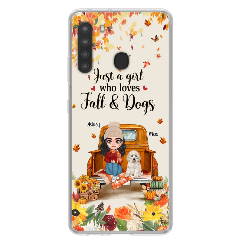 Custom Personalized Dog Mom Autumn Phone Case - Gift Idea For Dog Owners - Upto 5 Dogs -  Case For iPhone/Samsung - Just A Girl Who Loves Fall & Dogs