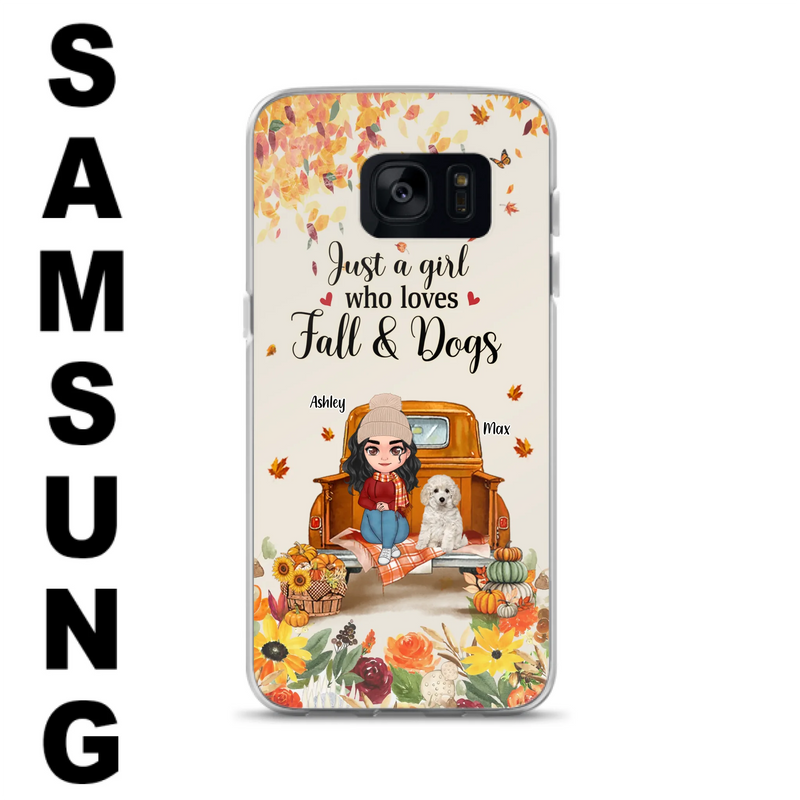 Custom Personalized Dog Mom Autumn Phone Case - Gift Idea For Dog Owners - Upto 5 Dogs -  Case For iPhone/Samsung - Just A Girl Who Loves Fall & Dogs