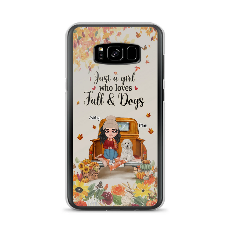 Custom Personalized Dog Mom Autumn Phone Case - Gift Idea For Dog Owners - Upto 5 Dogs -  Case For iPhone/Samsung - Just A Girl Who Loves Fall & Dogs