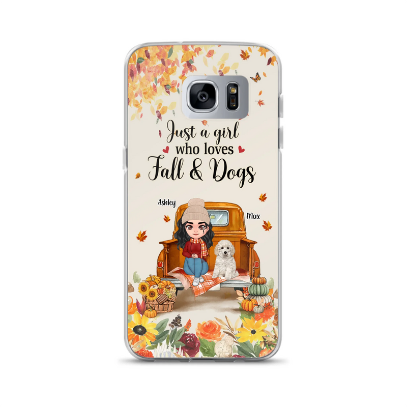 Custom Personalized Dog Mom Autumn Phone Case - Gift Idea For Dog Owners - Upto 5 Dogs -  Case For iPhone/Samsung - Just A Girl Who Loves Fall & Dogs