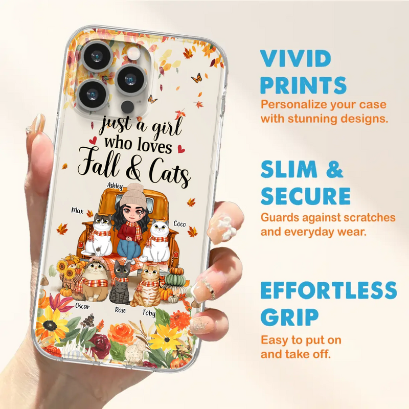 Custom Personalized Cat Mom Autumn Phone Case - Gift Idea For Cat Owners - Upto 5 Cats -  Case For iPhone/Samsung - Just A Girl Who Loves Fall & Cats