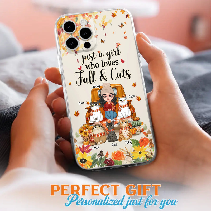 Custom Personalized Cat Mom Autumn Phone Case - Gift Idea For Cat Owners - Upto 5 Cats -  Case For iPhone/Samsung - Just A Girl Who Loves Fall & Cats