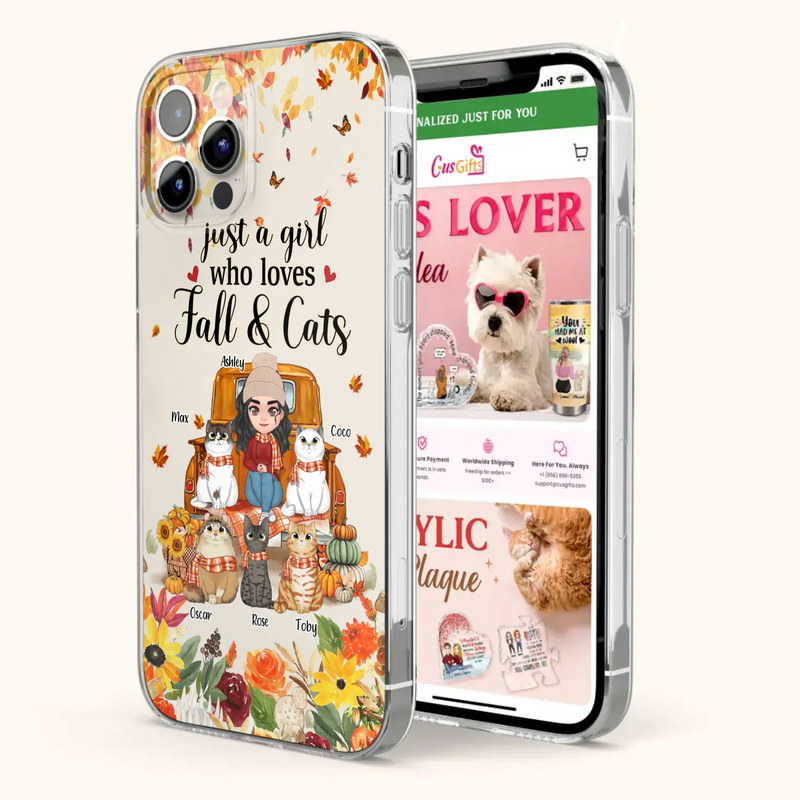Custom Personalized Cat Mom Autumn Phone Case - Gift Idea For Cat Owners - Upto 5 Cats -  Case For iPhone/Samsung - Just A Girl Who Loves Fall & Cats