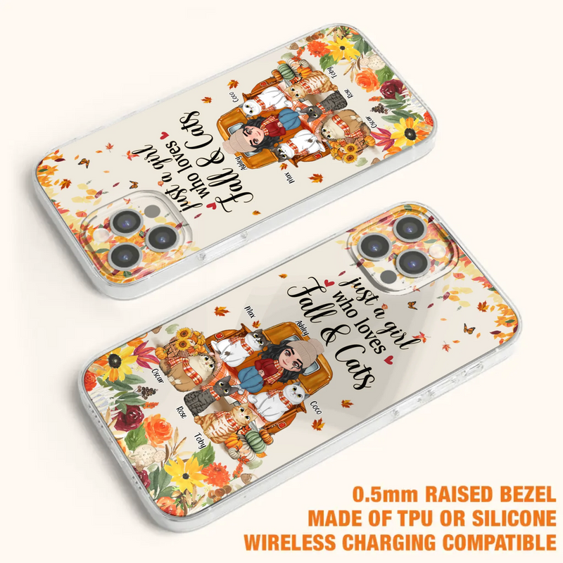 Custom Personalized Cat Mom Autumn Phone Case - Gift Idea For Cat Owners - Upto 5 Cats -  Case For iPhone/Samsung - Just A Girl Who Loves Fall & Cats