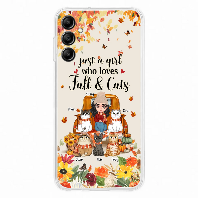 Custom Personalized Cat Mom Autumn Phone Case - Gift Idea For Cat Owners - Upto 5 Cats -  Case For iPhone/Samsung - Just A Girl Who Loves Fall & Cats