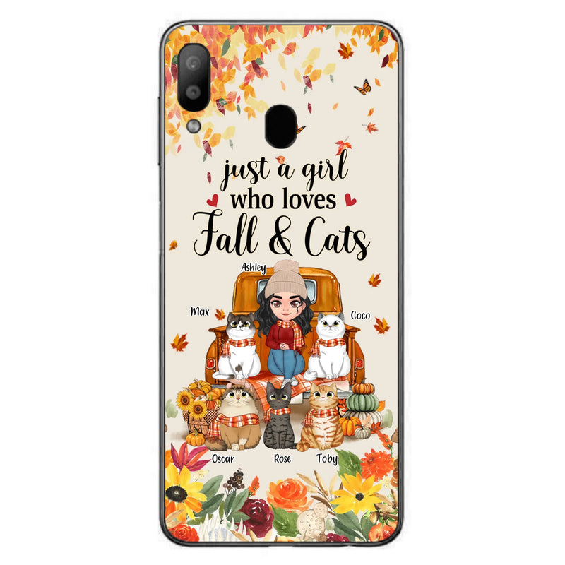 Custom Personalized Cat Mom Autumn Phone Case - Gift Idea For Cat Owners - Upto 5 Cats -  Case For iPhone/Samsung - Just A Girl Who Loves Fall & Cats