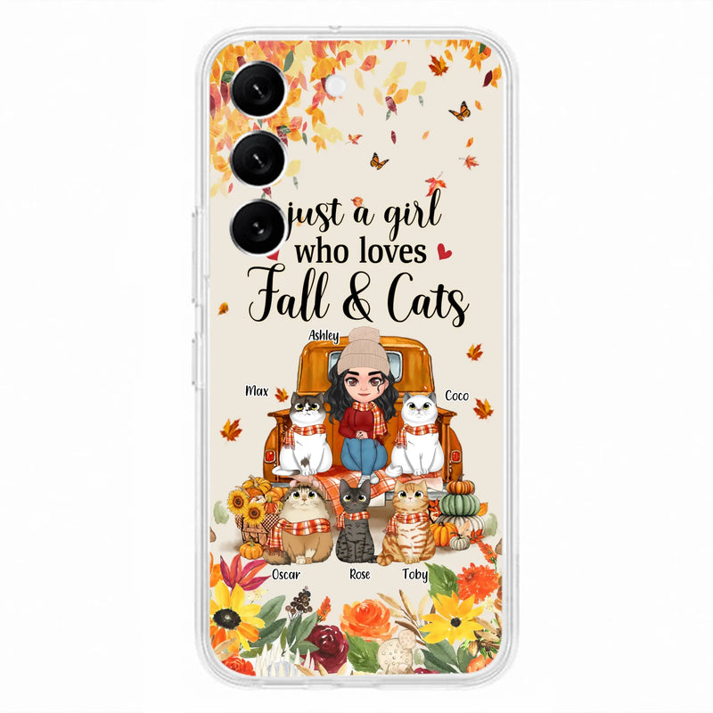 Custom Personalized Cat Mom Autumn Phone Case - Gift Idea For Cat Owners - Upto 5 Cats -  Case For iPhone/Samsung - Just A Girl Who Loves Fall & Cats