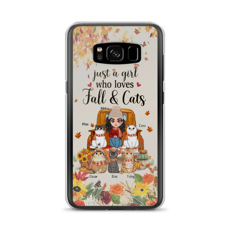 Custom Personalized Cat Mom Autumn Phone Case - Gift Idea For Cat Owners - Upto 5 Cats -  Case For iPhone/Samsung - Just A Girl Who Loves Fall & Cats