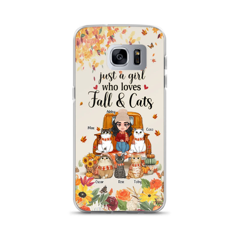 Custom Personalized Cat Mom Autumn Phone Case - Gift Idea For Cat Owners - Upto 5 Cats -  Case For iPhone/Samsung - Just A Girl Who Loves Fall & Cats