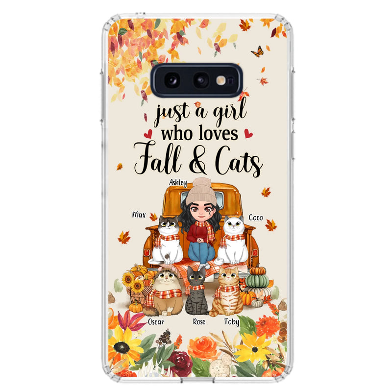 Custom Personalized Cat Mom Autumn Phone Case - Gift Idea For Cat Owners - Upto 5 Cats -  Case For iPhone/Samsung - Just A Girl Who Loves Fall & Cats