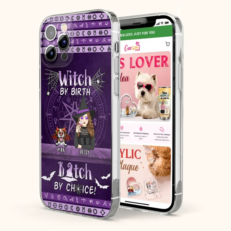 Custom Personalized Witch Phone Case - Halloween Gift Idea for Witch Lovers/Pet Lovers - Upto 3 Dogs/Cats - Witch By Birth - Case For iPhone/Samsung