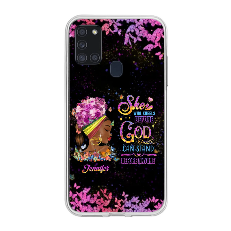 Custom Personalized Black Girl Phone Case - Gift Idea for Birthday/Friends - She Who Kneels Before God Can Stand Before Anyone - Case For iPhone/Samsung