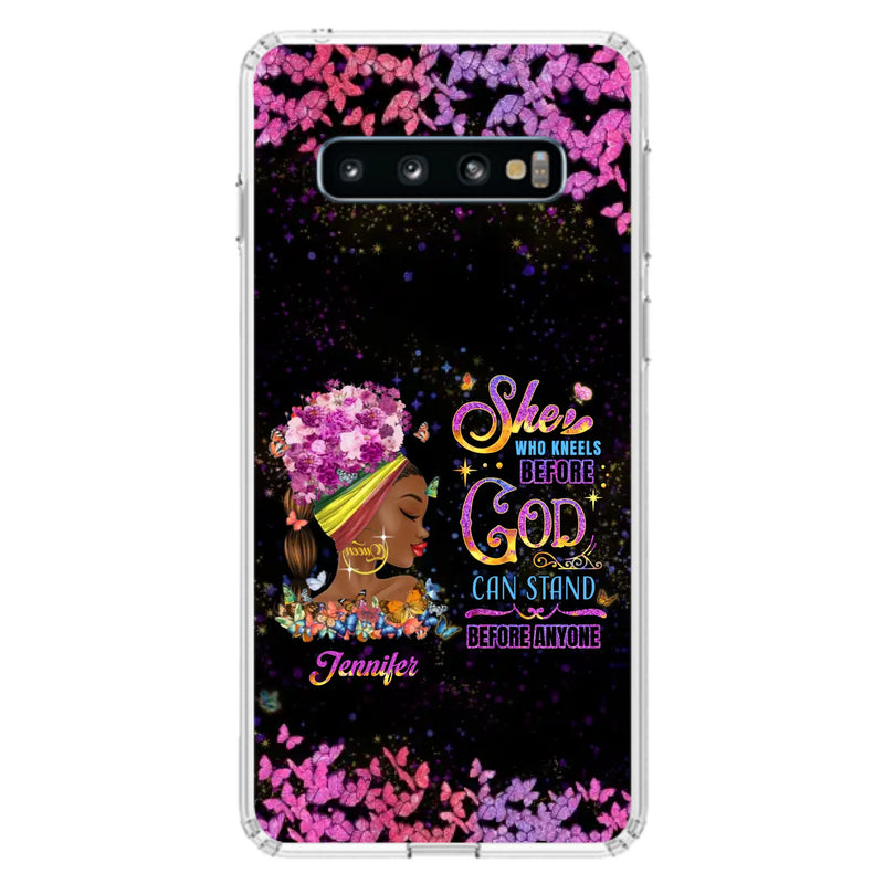 Custom Personalized Black Girl Phone Case - Gift Idea for Birthday/Friends - She Who Kneels Before God Can Stand Before Anyone - Case For iPhone/Samsung