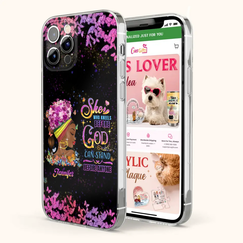 Custom Personalized Black Girl Phone Case - Gift Idea for Birthday/Friends - She Who Kneels Before God Can Stand Before Anyone - Case For iPhone/Samsung