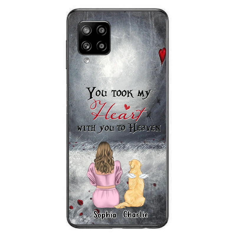 Custom Personalized Memorial Dog Mom Phone Case - Upto 5 Dogs - Memorial Gift Idea for Dog Lovers - You Took My Heart With You To Heaven - Case For iPhone And Samsung