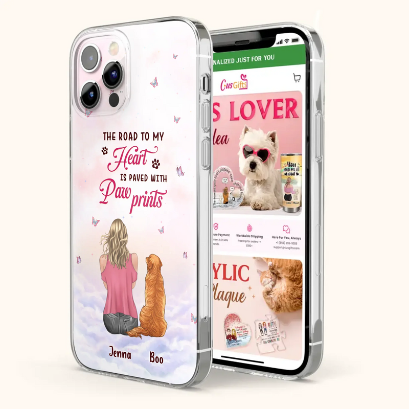 Custom Personalized Dog Mom Phone Case - Upto 5 Dogs - Gift Idea For Dog Lovers - The Road To My Heart Is Paved With Pawprints - Case for iPhone/Samsung