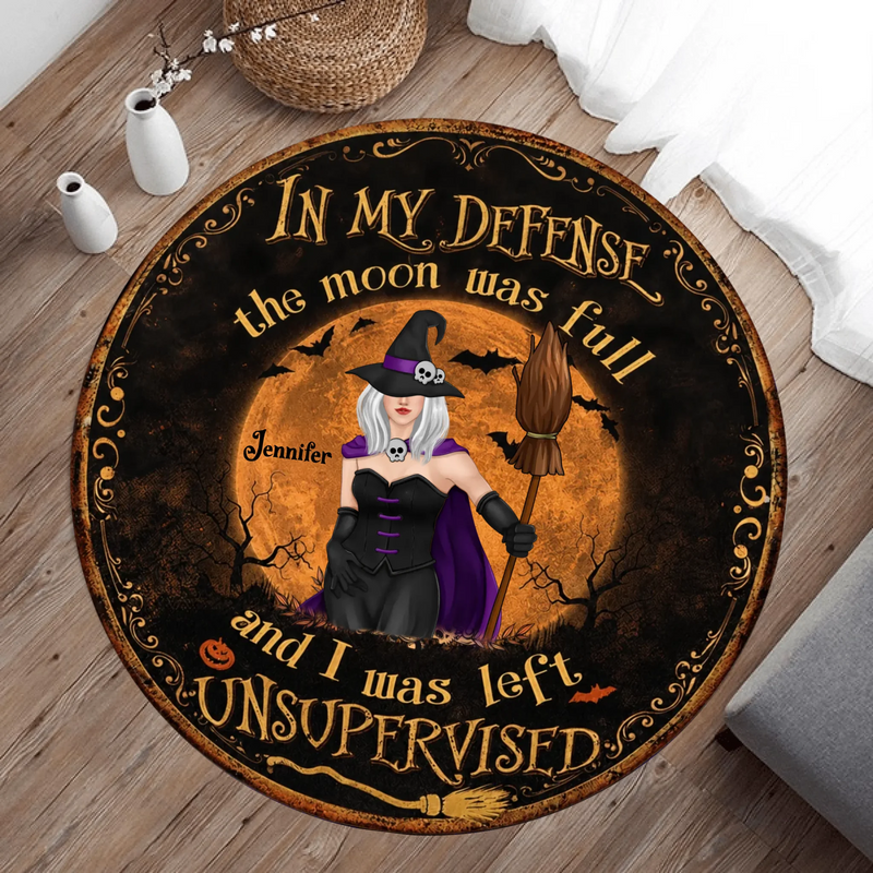 Personalized Witch Round Rug - Custom Witchy Woman Floor Decor - Spooky Witch Gift -  In My Defense The Moon Was Full