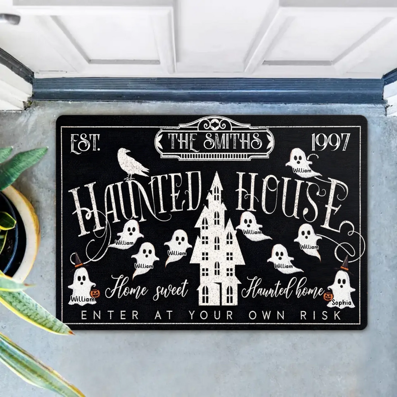 Personalized Haunted House Halloween Doormat - Custom Family Name Ghost Welcome Mat - Home Sweet Haunted Home Spooky Front Door Decor