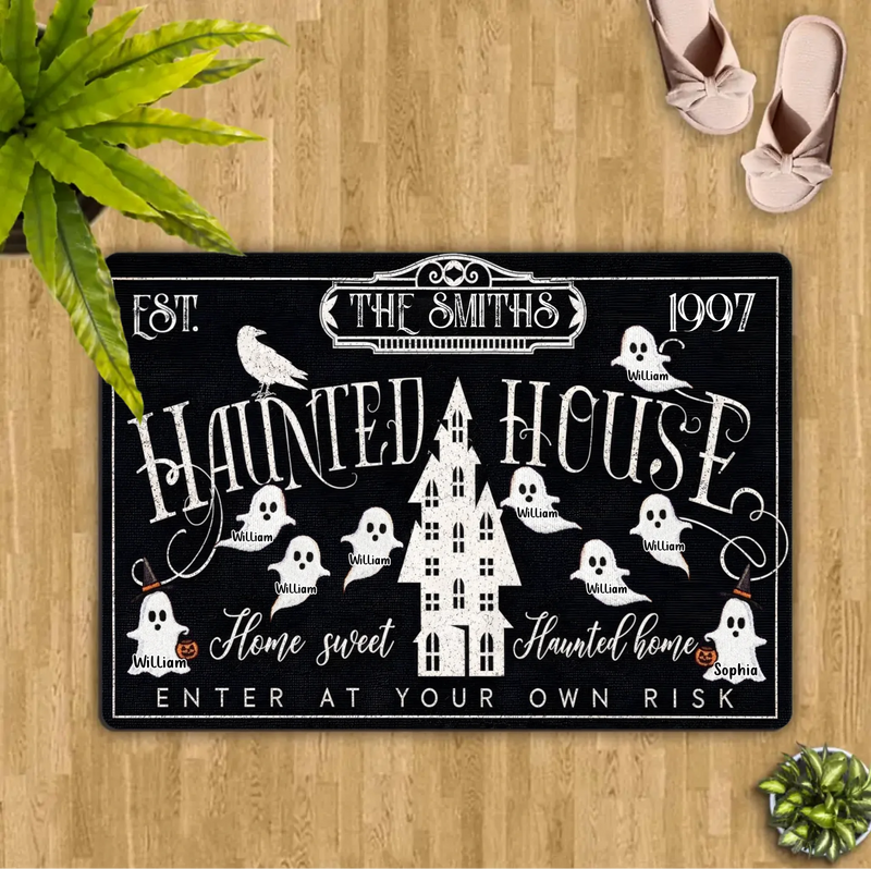 Personalized Haunted House Halloween Doormat - Custom Family Name Ghost Welcome Mat - Home Sweet Haunted Home Spooky Front Door Decor