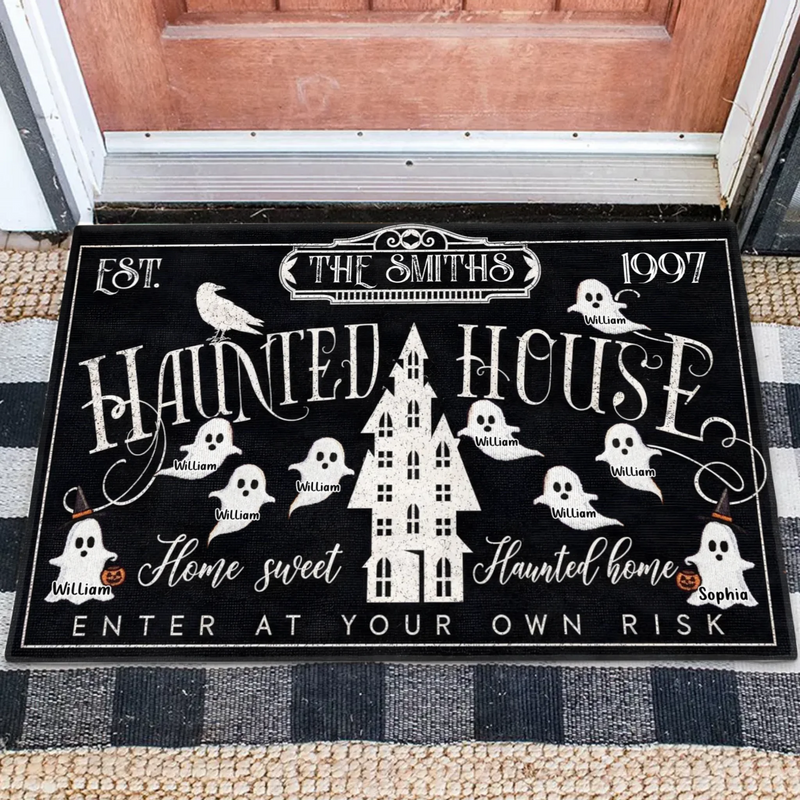 Personalized Haunted House Halloween Doormat - Custom Family Name Ghost Welcome Mat - Home Sweet Haunted Home Spooky Front Door Decor