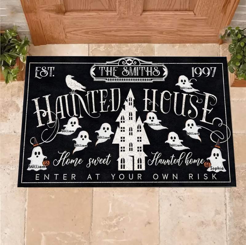 Personalized Haunted House Halloween Doormat - Custom Family Name Ghost Welcome Mat - Home Sweet Haunted Home Spooky Front Door Decor