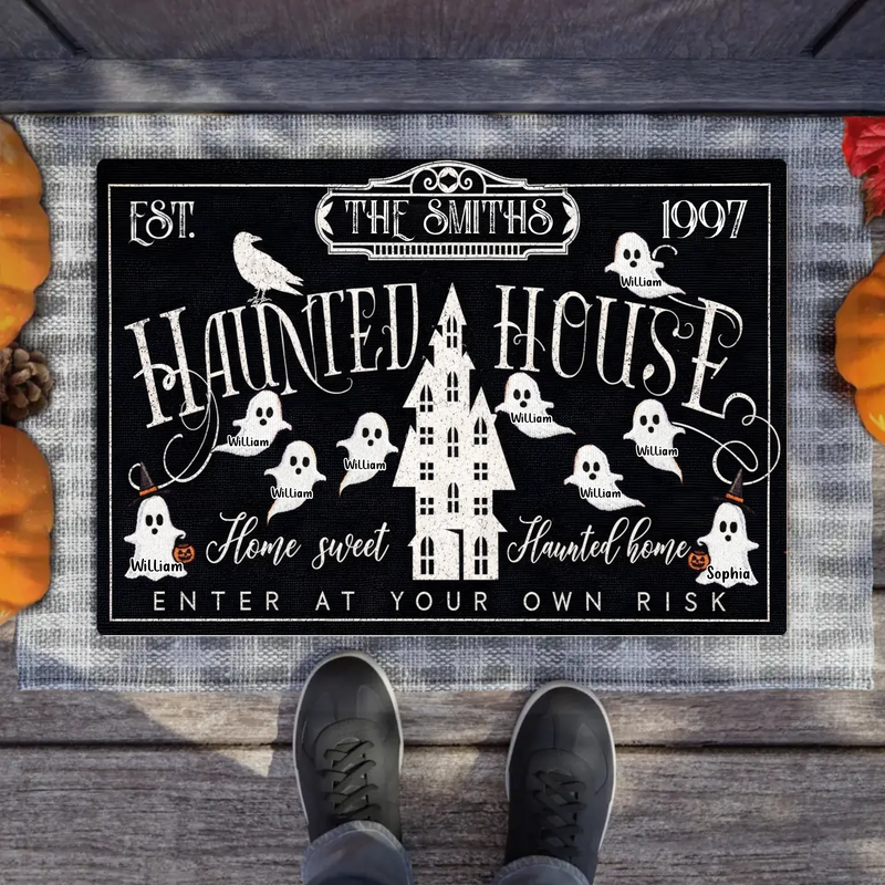 Personalized Haunted House Halloween Doormat - Custom Family Name Ghost Welcome Mat - Home Sweet Haunted Home Spooky Front Door Decor