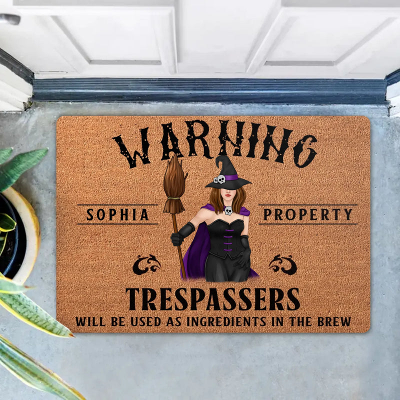 Personalized Witch Halloween Doormat – Custom Name Warning Trespassers Witch Welcome Mat – Spooky Front Door & Porch Decor