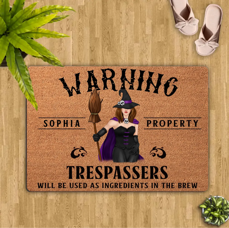 Personalized Witch Halloween Doormat – Custom Name Warning Trespassers Witch Welcome Mat – Spooky Front Door & Porch Decor