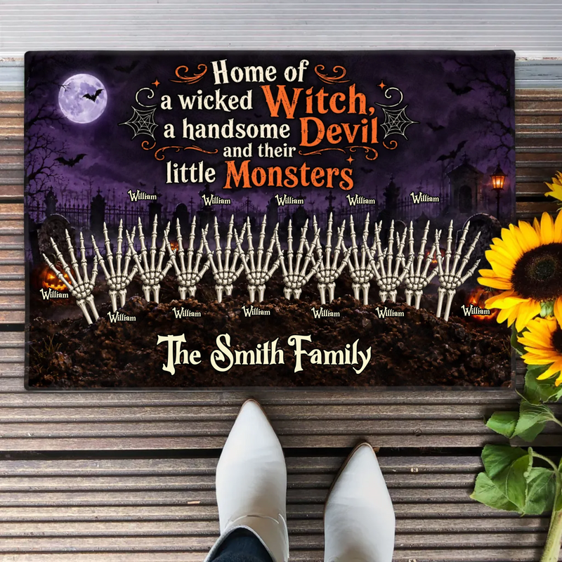 Personalized Spooky Hand Family Doormat – Halloween Gift Idea - Home Of A Wicked Witch, A Handsome Devil And Their Little Monsters