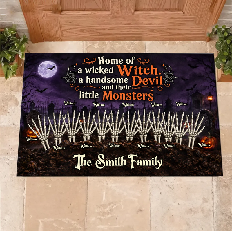 Personalized Spooky Hand Family Doormat – Halloween Gift Idea - Home Of A Wicked Witch, A Handsome Devil And Their Little Monsters