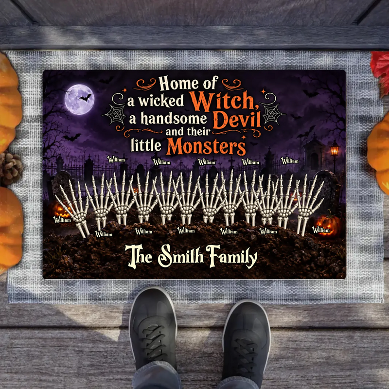 Personalized Spooky Hand Family Doormat – Halloween Gift Idea - Home Of A Wicked Witch, A Handsome Devil And Their Little Monsters