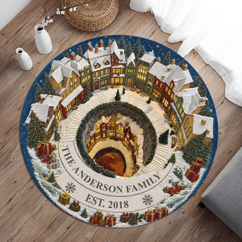 Personalized Christmas Family Round Rug - Custom Family Name Holiday Rug -  3D Winter Village Area Rug - Christmas Home Decor, Family Gift