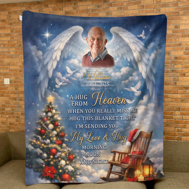 Personalized Memorial Fleece Throw Blanket – Custom Photo, Name & Years, Loss of Loved One Remembrance Gift – A Hug From Heaven