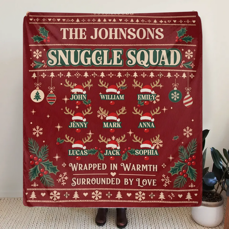Personalized Family Christmas Fleece Throw Blanket – Up to 9 Members, Custom Family Names – Snuggle Squad, Wrapped in Warmth Surrounded by Love