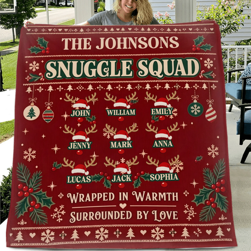 Personalized Family Christmas Fleece Throw Blanket – Up to 9 Members, Custom Family Names – Snuggle Squad, Wrapped in Warmth Surrounded by Love
