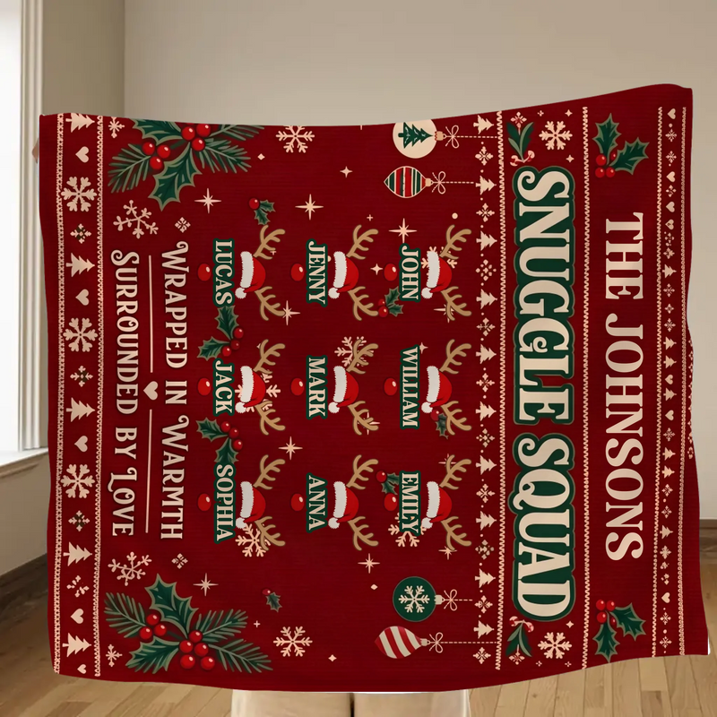 Personalized Family Christmas Fleece Throw Blanket – Up to 9 Members, Custom Family Names – Snuggle Squad, Wrapped in Warmth Surrounded by Love