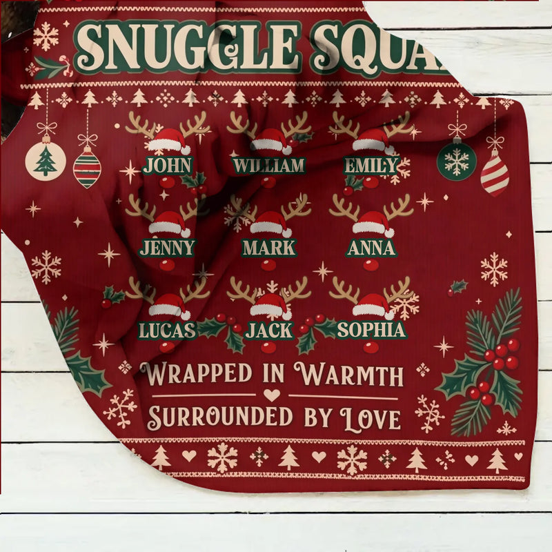 Personalized Family Christmas Fleece Throw Blanket – Up to 9 Members, Custom Family Names – Snuggle Squad, Wrapped in Warmth Surrounded by Love